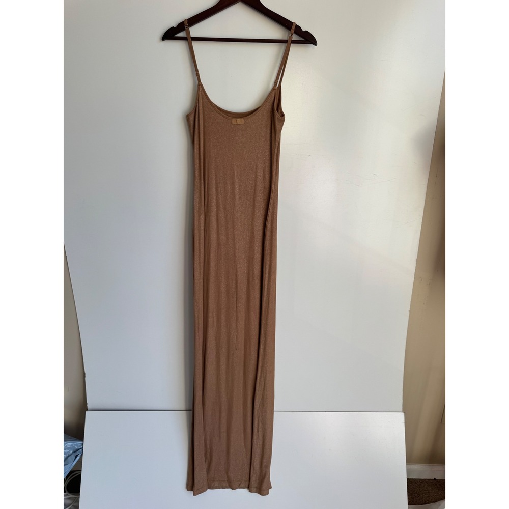 Skims Brown Gold Shimmer Ribbed Soft Lounge Slip Maxi Dress XL Revolve Ribbed